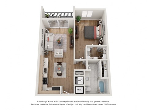 Floor plan for 1 bed, 1 bath, 773 sqft